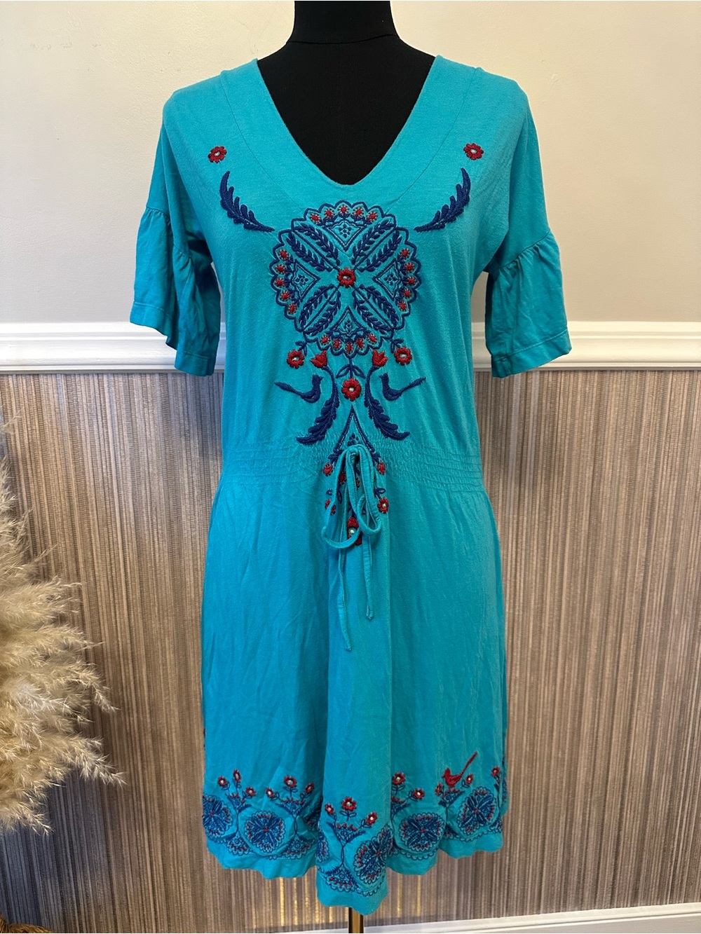 JWLA Made With Love Embroidered Boho Dress Small Turquoise Floral Bell Sleeve